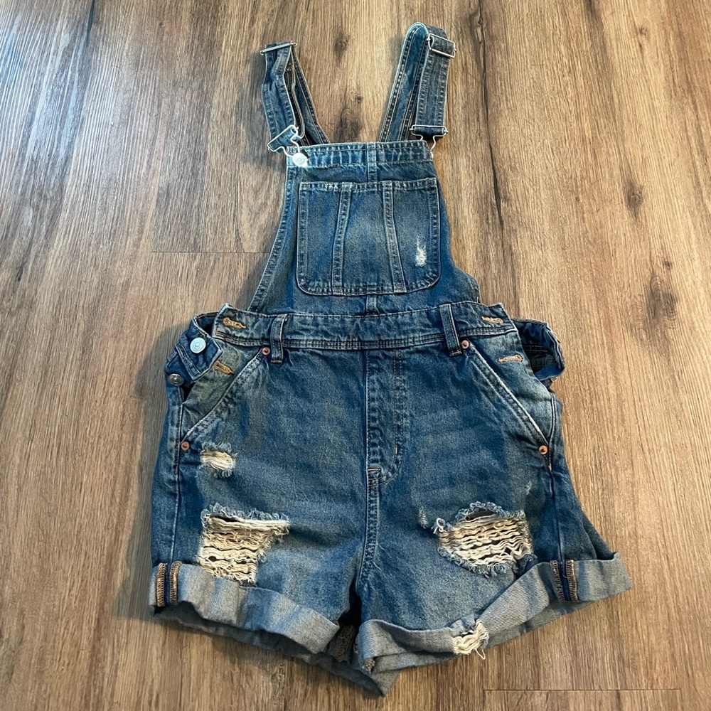 Distressed Denim Overall Shorts